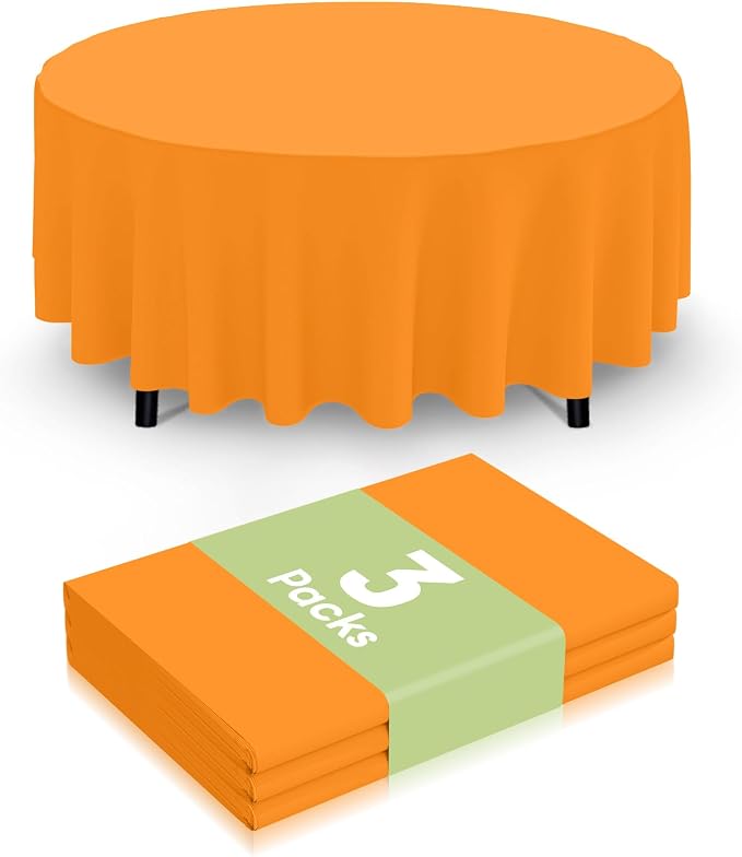 Smiry Disposable Table Cloth 3 Pack, 84 Inch Round Waterproof Plastic Tablecloth, Decorative Round Table Covers for Party, Birthday, Picnic, Orange