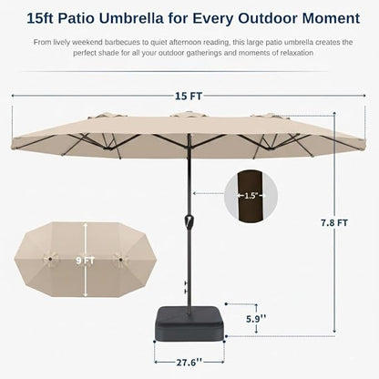 15FT Large Patio Umbrella with Base, Double Sided Rectangular Outdoor Umbrella with Sturdy Fiberglass Ribs, UPF 50+ Sun Protection, Wind-Resistant, Waterproof Fade-Resistant Fabric for Pool, Garden, Backyard, Deck(Beige)