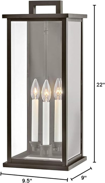 Hinkley Weymouth Three Light Outdoor Wall Mount Lantern – Estate Series, Aluminum, Candle Sleeves, Rectangular, Clear Beveled Glass – Oil Rubbed Bronze Finish