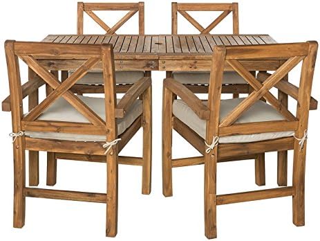 Walker Edison Delray Classic 5 Piece Acacia Wood Outdoor Dining Table and X-Back Chair Set with Cushions, Set of 5, Brown