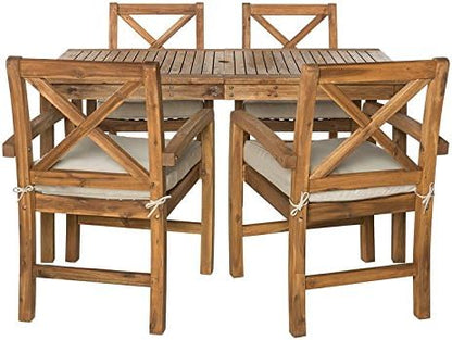 Walker Edison Delray Classic 5 Piece Acacia Wood Outdoor Dining Table and X-Back Chair Set with Cushions, Set of 5, Brown