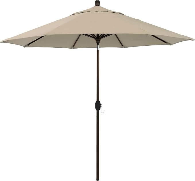 California Umbrella 12-Year-Non-Fading, 9Ft Premium Sunbrella Patio Umbrella, Hand-Crank, Button-Tilt, Bronze Frame, Beige Fabric