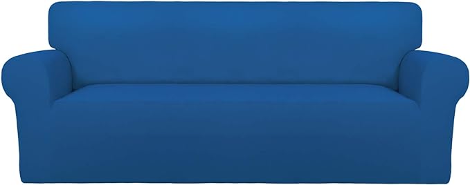 PureFit Stretch Oversized Couch Covers Fleece Sofa Slipcovers Classic Blue | 1-Piece Sofa Cover Washable Soft Couch Protector, Couch Slipcover with Non Skid Foam and Elastic Bottom for Kids, Dogs