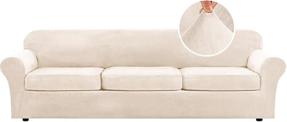 H.VERSAILTEX Modern Velvet Plush 4 Piece High Stretch Sofa Slipcover Furniture Protector Form Fit Velvet Extra Large Sofa Cover for 3 Cushion Couch Width Up to 105 Inch (XL Sofa, Cream)
