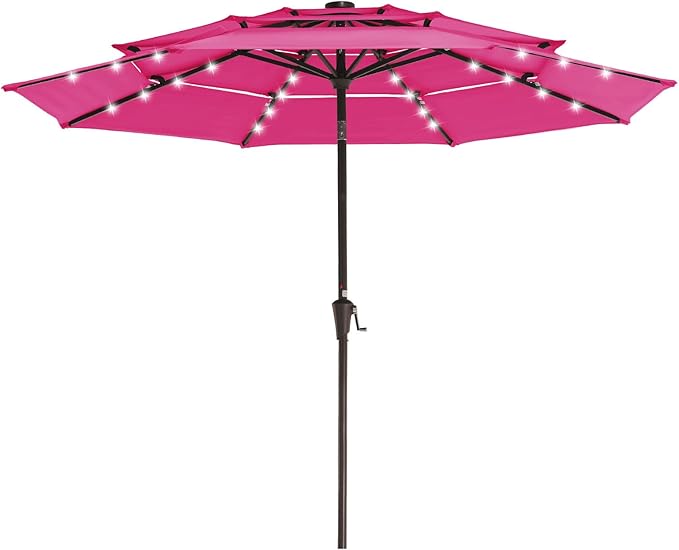 JEAREY 9 ft 3-Tier Outdoor LED Lighted Patio Umbrella w/Crank, Pink | Solar Market Table Umbrella with 8 Sturdy Ribs, UV Protection Waterproof Sunproof for Garden, Deck and Backyard
