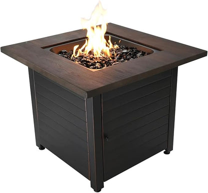 Endless Summer Bronze Finished Black Steel Base with Dark Wood Mantel Spencer LP Gas Outdoor Fire Pit, Comes with Black Fire Glass, Table Insert, and Protective Cover