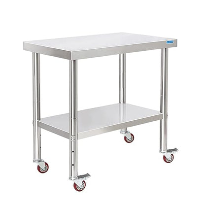 KUARBARR Stainless Steel Table with Wheels 30 x 18 Inch NSF Commercial Stainless Steel Metal Prep Table for Restaurant Kitchen Garage