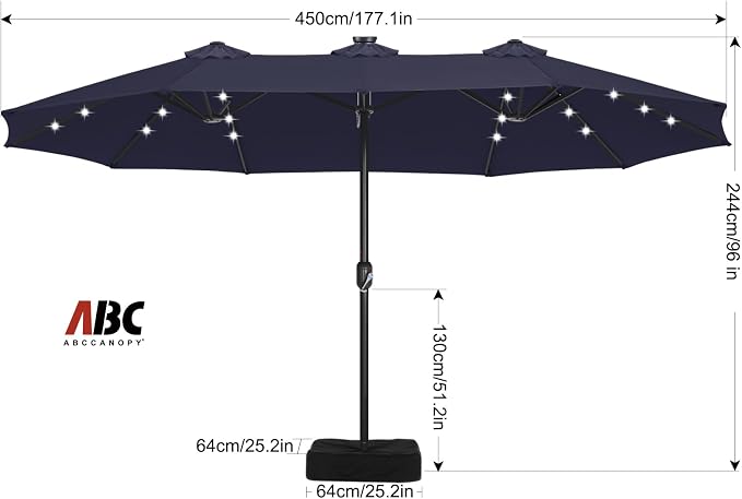 ABCCANOPY 15FT Solar LED Double-Sided Umbrella with Base, Navy Blue | Rectangular Outdoor Table Umbrella with Crank, Heavy Duty Market Umbrella Shade for Garden,Poolside, Lawn, Backyard