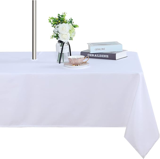 Fitable Outdoor Tablecloth for 6ft Rectangle Tables, White, 60 x 102 Inch | Washable Waterproof Wrinkle Free Table Cover, Zipper and Umbrella Hole, For Spring Summer Party Picnic Camping Patio Indoor
