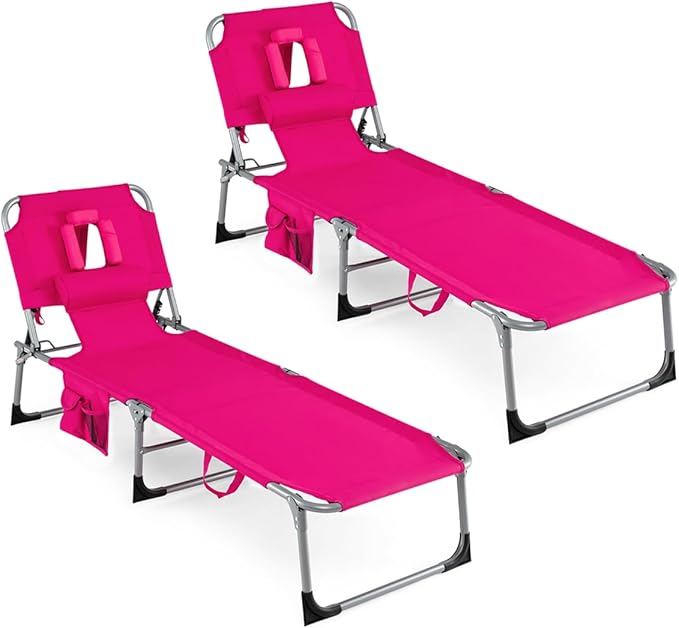 COSTWAY Tanning Chair with Face Hole, Folding Beach Lounge Chair with 4-Position Adjustable Backrest, Pillow & Side Pocket, Foldable Chaise Lounge Chair Outdoor for Sunbathing, Camping (2, Pink)