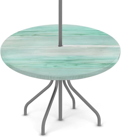 Fitted Round Tablecloth with Umbrella Hole and Zipper Green Stripes Texture Outdoor Elastic Table Cloth 36"-44" Oil-Proof Waterproof Gradient Patio Table Cover for Party Outdoor