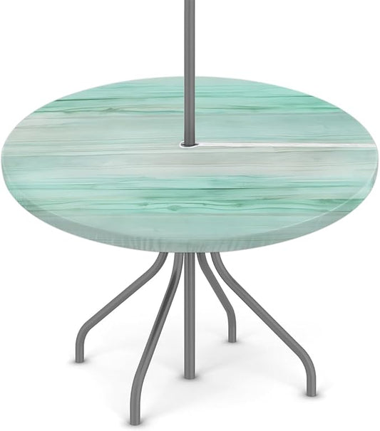 Fitted Round Tablecloth with Umbrella Hole and Zipper Green Stripes Texture Outdoor Elastic Table Cloth 36"-44" Oil-Proof Waterproof Gradient Patio Table Cover for Party Outdoor