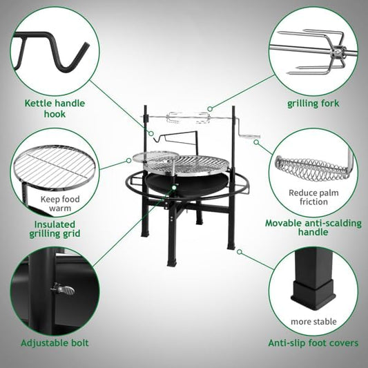 33"L X 33"W X 43"H Charcoal BBQ Grill with Cooking Area, Outdoor Cooking Grill Charcoal Trays Round Iron Spray Grill Black, Travel Grill Camping Outdoor Grill