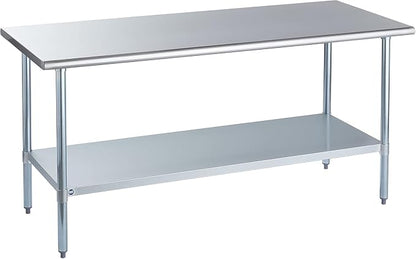 ROCKPOINT Stainless Steel Table for Prep & Work 30x72 Inches, NSF Metal Commercial Kitchen Heavy Duty Table with Adjustable Under Shelf and Table Foot for Restaurant, Home and Hotel, Silver