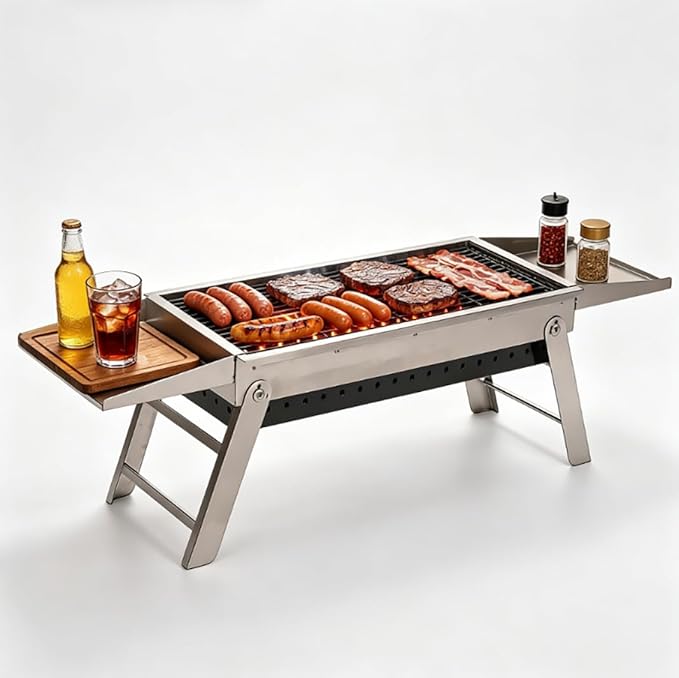 Portable Folding Charcoal Grill Tool-Free Assembly Stainless Steel BBQ Grill with Slide-Out Ash Pan & Side Trays, Compact Outdoor Barbecue for Camping, Picnic, Tailgating