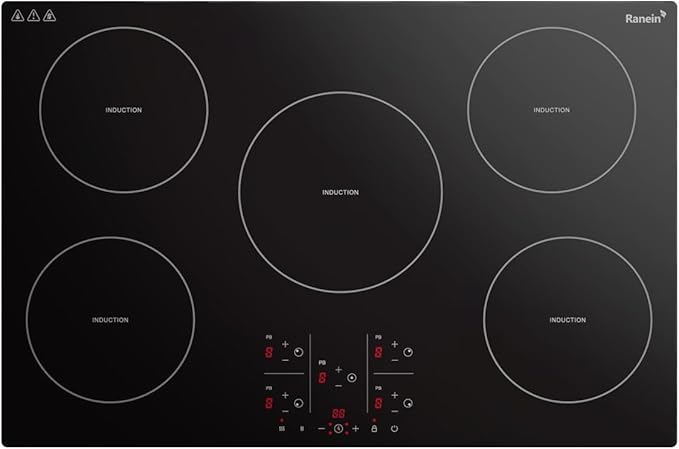 Ranein 30 Inch 5 Burner Induction Cooktop, Max 9200W 240V Durable Panel Built-in Electric Stove Top,with Child Safety Lock, Timer, Over-Temperature Protection