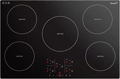 Ranein 30 Inch 5 Burner Induction Cooktop, Max 9200W 240V Durable Panel Built-in Electric Stove Top,with Child Safety Lock, Timer, Over-Temperature Protection