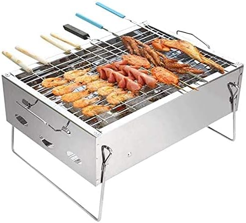 Small Charcoal Barbecue Grill, Stainless Steel Portable Folding BBQ Grill with Net Tongs, Desk Tabletop Smoker BBQ, for 2-5 People, 36 x 26 x 17 cm for Home Outdoor Picnic