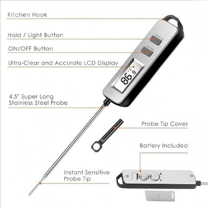 Digital Meat Thermometer, Paysean Instant Read Food Thermometer with 5.2" Probe, ±1°C High Accuracy Cooking Thermometer Auto-Off, LCD Display, for Kitchen, BBQ, Baking, Sourdough, Candy Making
