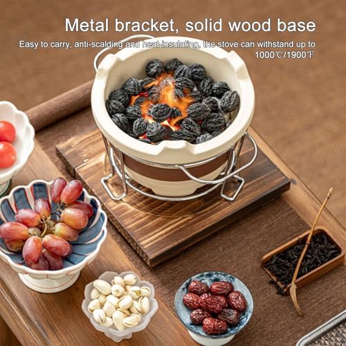 Clay Charcoal Stove, Portable Barbecue Stove, Tabletop Clay Stove, Tea Making Charcoal Stove, with Metal Rack, Wooden Base, Metal Grill Pan, Outdoor Charcoal Stove(Medium)