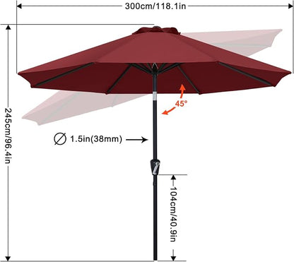 MASTERCANOPY 10ft Patio Umbrella with Tilt & Crank, Burgundy | 8 Sturdy Ribs, Vented Top, UV & Water Resistance, Quick Setup – Perfect for Garden, Deck, Backyard, Pool