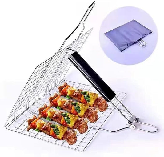 Foldable Grill Basket,Portable Stainless Steel BBQ Barbecue Grilling Basket,With Removable Handle,For Vegetables,Steak,Fish,Shrimpand Whether At Home or OutdoorsBBQ,It Is A Very Practical Barbecue