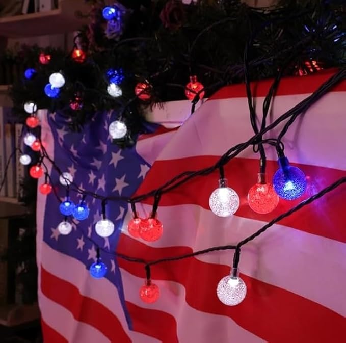 Patriotic Red White Blue Solar String Lights Outdoor Waterproof IP65 9.3ft 20 LED Crystal Globe for 4th of July, Patio Backyard Porch Party Decor Camping (Red White Blue)