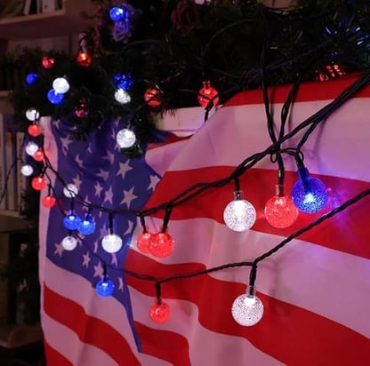 Patriotic Red White Blue Solar String Lights Outdoor Waterproof IP65 9.3ft 20 LED Crystal Globe for 4th of July, Patio Backyard Porch Party Decor Camping (Red White Blue)