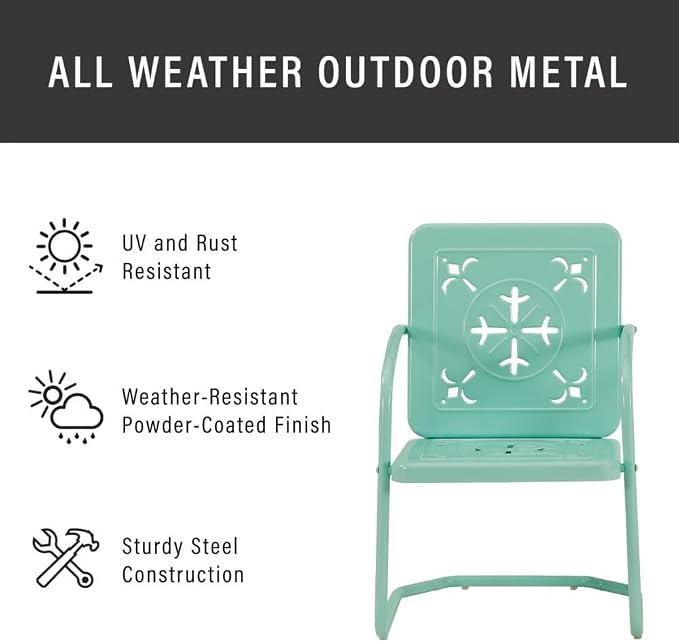 Crosley Furniture Azalea 5-Piece Vintage Outdoor Dining Set for 4, Retro Metal Round Patio Table and Chairs, Aqua Gloss/White Satin