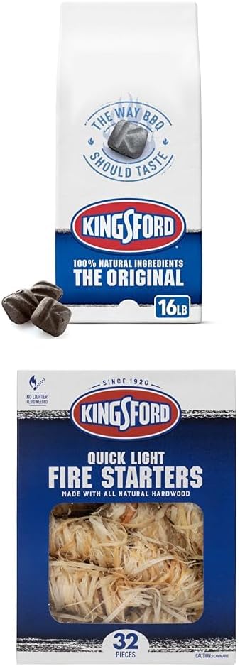 Kingsford Original Charcoal Briquettes, 16 Pounds (Package May Vary) with Kingsford Quick Light Fire Starters, 32 Count Fire Starter Rolls