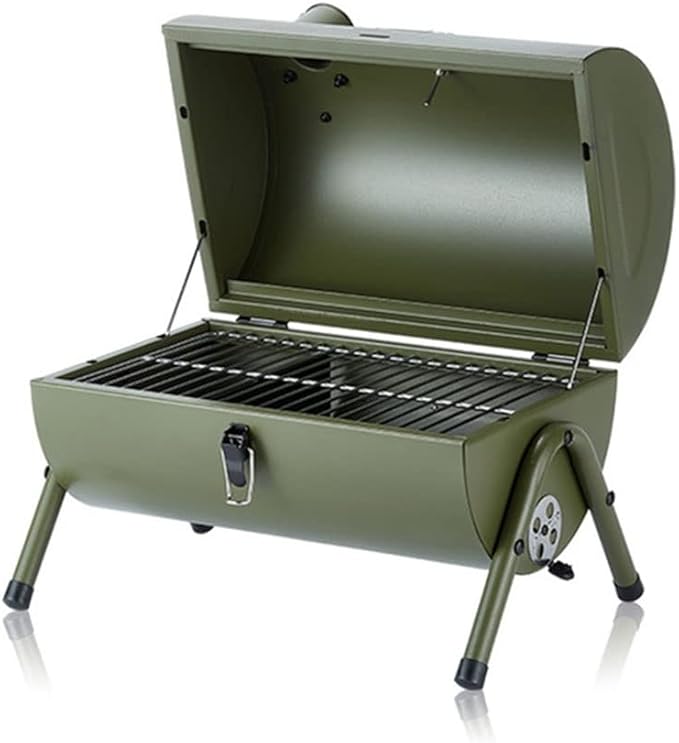 Portable Barbecue Grill Stainless Steel Barrel Charcoal BBQ Grill with Thermometer Features Side Vents and Wooden Carry Handle for Beach Outings, Garden, Party or Camping Trip (Color : Green)