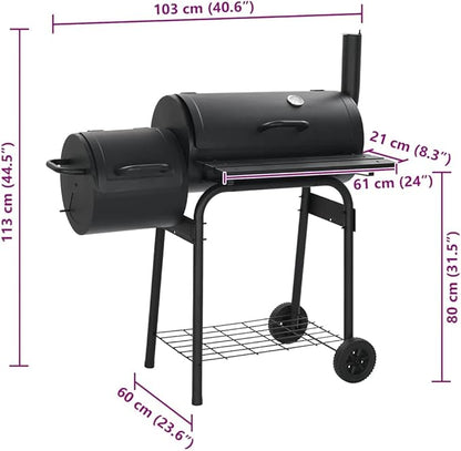 Offset Smoker Charcoal Grill with Side Firebox, Outdoor Barbecue BBQ Smoker for Backyard Cooking, Heavy Duty Steel Grill with Built-in Thermometer and Wheels