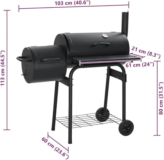 Offset Smoker Charcoal Grill with Side Firebox, Outdoor Barbecue BBQ Smoker for Backyard Cooking, Heavy Duty Steel Grill with Built-in Thermometer and Wheels