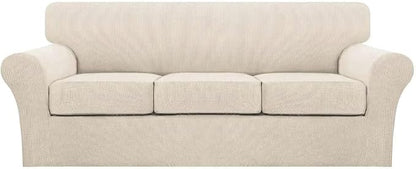 Turquoize 4 Piece Couch Cover Sofa Covers for 3 Cushion Couch Sofa Slipcovers Washable Sofa Cover for Dogs with Individual Couch Cushion Covers Feature Jacquard Fabric(3 Cushion Sofa, Biscotti Beige)