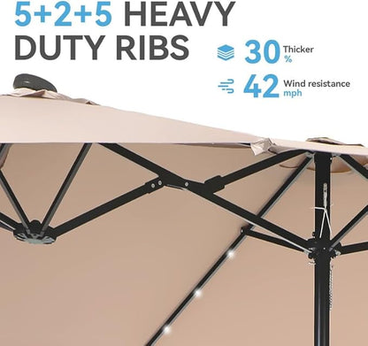 GREEN PARTY 15 ft Large Outdoor Patio Umbrella with Solar Led Lights & Base Included, Double-Sided Rectangular Table Umbrella with Stand, Market Umbrellas for Deck Poolside Garden Backyard, Beige