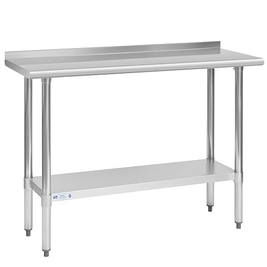 Hally Stainless Steel Table 18 x 48 in, Kitchen Prep Work Table, Backsplash | Expands room for chopping, plating and appliance setup; lower shelf holds supplies close, while rear rim limits splashes too.