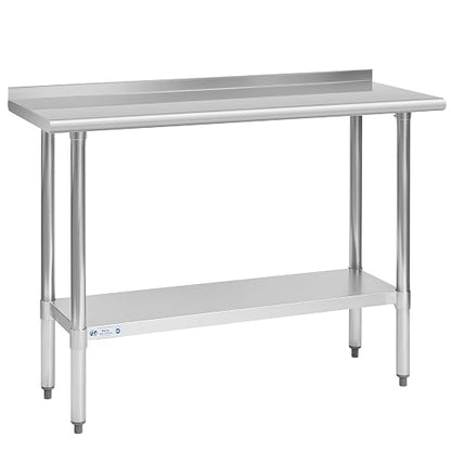 Hally Stainless Steel Table 18 x 48 in, Kitchen Prep Work Table, Backsplash | Expands room for chopping, plating and appliance setup; lower shelf holds supplies close, while rear rim limits splashes too.