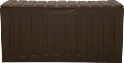 Ram Quality Products Plastic 90 Gallon Outdoor Lockable Backyard Storage Bin Deck Box for Cushions, Pool Accessories, and Towels, Brown