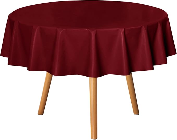 sancua 100% Waterproof Vinyl Tablecloth Table Cloth 60 Inch Round, Burgundy | Oil Spill Proof, PVC Material, Wipe Clean Table Cover for Dining Tables, Buffet Parties and Camping