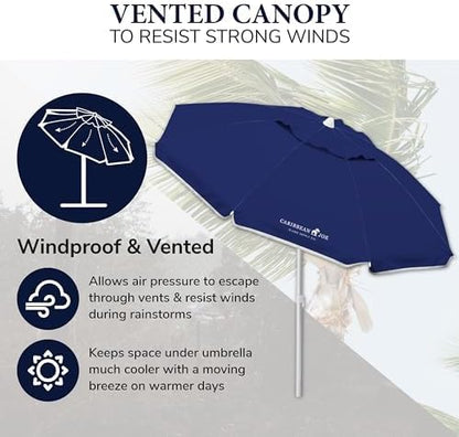 Caribbean Joe Beach Umbrella, Portable and Adjustable Tilt Sun Umbrella with UV Protection, Vented Canopy, Full 6.5 ft Arc