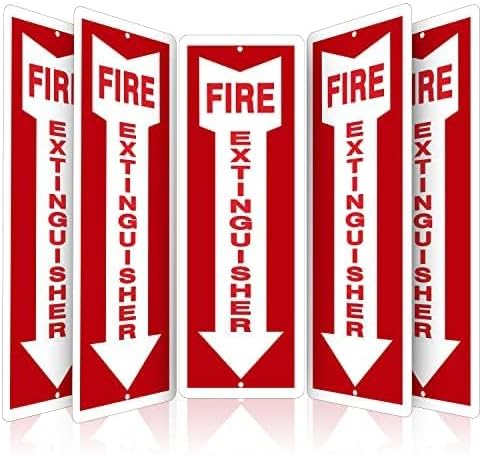 OLANZU Fire Extinguisher Signs For Business - Pack of 5 - Metal Fire Extinguisher Sign 4" x 12" Aluminum - UV Protected for Indoors & Outdoors