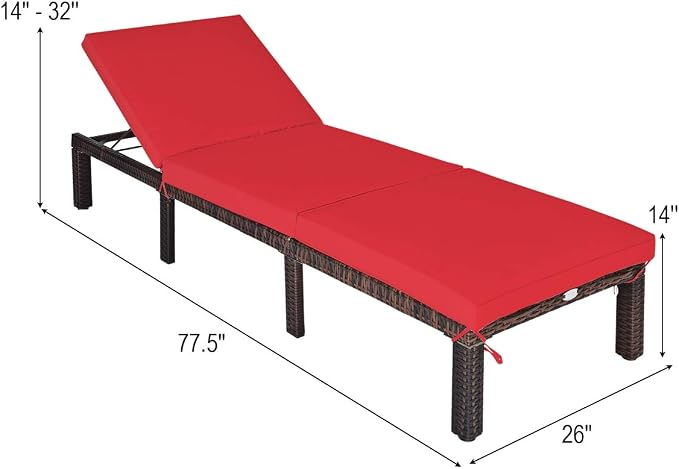 Tangkula Rattan Wicker Chaise Lounge Chair, Outdoor Patio Lounger Recliner Chair w/Adjustable Backrest, Heavy-Duty Reclining Chair Sunbed with Thick Zippered Cushion for Garden Yard Patio (1, Red)