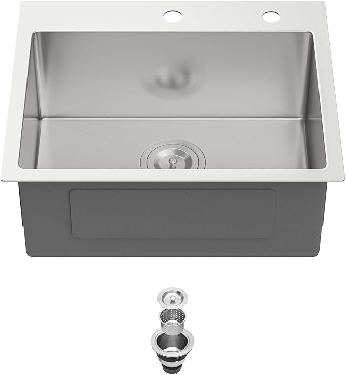 22 Drop In Bar Sink 22 x 18 Inch Kitchen Sink 18 Gauge Stainless Steel Single Bowl Topmount Handmade Sink for Outdoor, RV, 22x18x9
