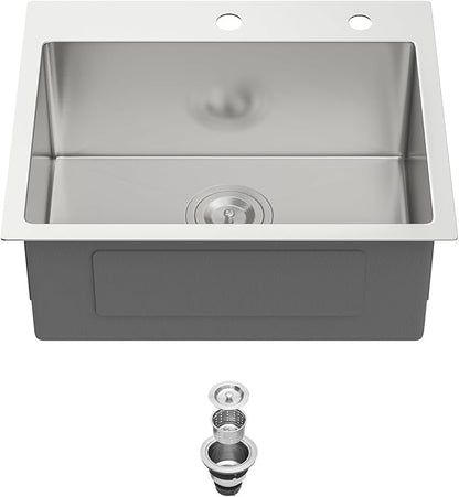 22 Drop In Bar Sink 22 x 18 Inch Kitchen Sink 18 Gauge Stainless Steel Single Bowl Topmount Handmade Sink for Outdoor, RV, 22x18x9