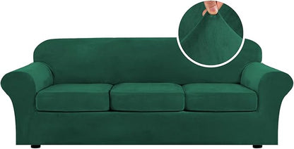 H.VERSAILTEX High Stretch Sofa Slipcover 4 Piece Cover Velvet Furniture Protector Form Fit Thick Velvet Extra Large Sofa Cover for 3 Cushion Couch Width Up to 97 Inch (Large Sofa, Green)