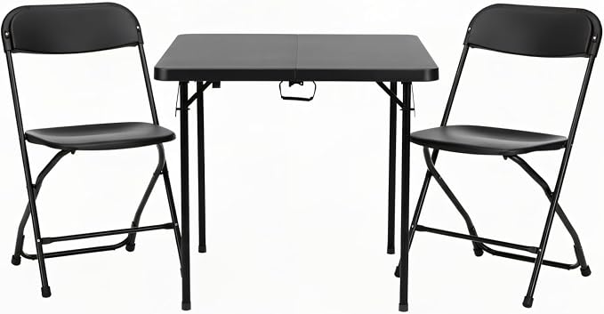 3 Piece Folding Card Table Portable and Chair Set, 34" Square Black Bi-Fold Table 2 Adult Chairs for Board Games Nights Gatherings Party Home Indoor Outdoor Lightweight