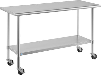 ROCKPOINT All Stainless Steel Prep Table with Caster 24x60 Inch, Commercial Heavy Duty Workbench with Stainless Legs & Adjustable Undershelf, 850 lb Capacity for Outdoor Kitchens with Wheel
