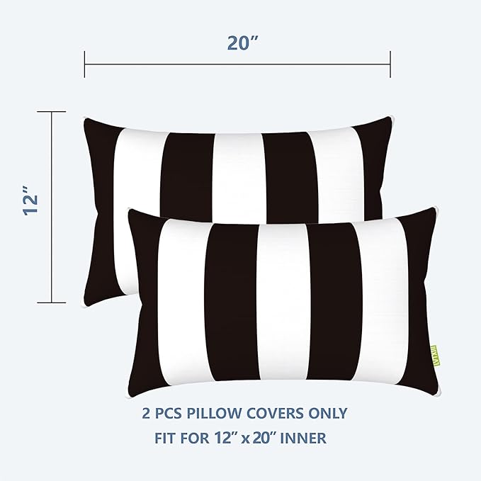 LVTXIII Outdoor/Indoor Lumbar Pillow Case Covers ONLY, 12” x 20” Patio Garden Decorative Lumbar Pillow Covers Pack of 2 for Outdoor Home Patio Furniture Use - Cabana Black