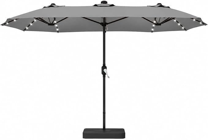 15ft Double-Sided Rectangle Patio Umbrella with 36 LED Solar Lights & Base | UV50+ Weather-Resistant Outdoor Umbrella,Crank Lift,Patio Shade for Pool,Garden,Backyard,Gray