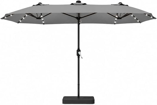 15ft Double-Sided Rectangle Patio Umbrella with 36 LED Solar Lights & Base | UV50+ Weather-Resistant Outdoor Umbrella,Crank Lift,Patio Shade for Pool,Garden,Backyard,Gray